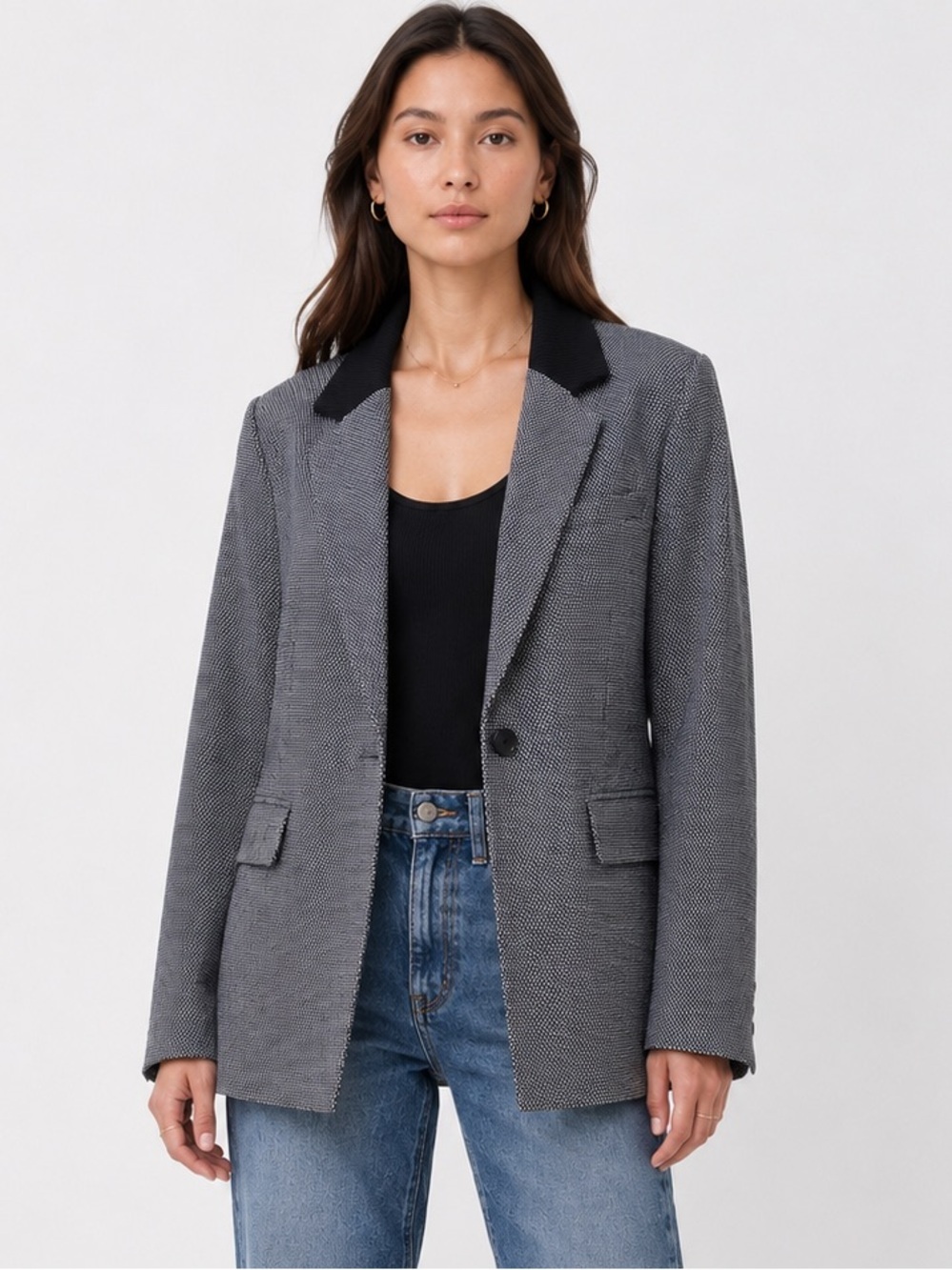 Ecru Knit Boyfriend Blazer Black White Jacket Size 12 Stretch Office Career
